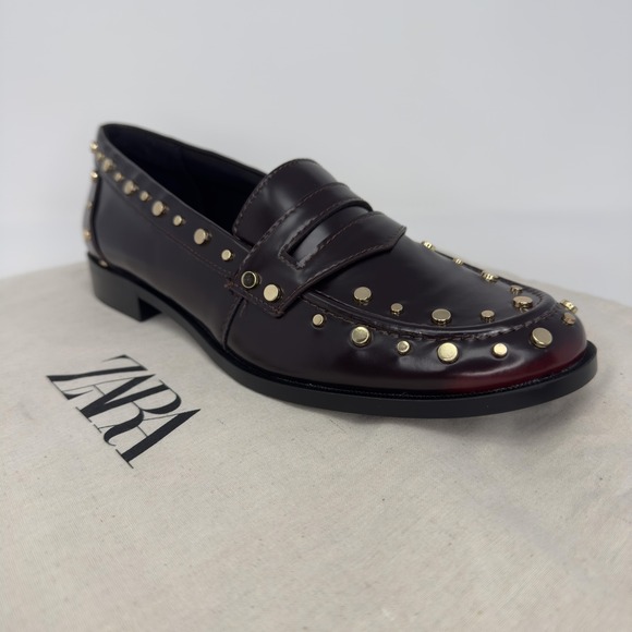 Zara Studded Penny Loafer Shoes Womens Size 7.5 Brown Gold Slip On Flats - Picture 2 of 10